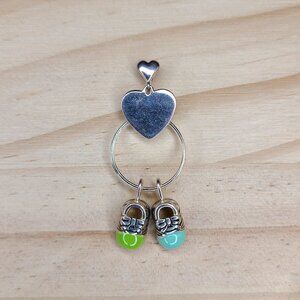 Sterling Silver  NV Blue Green Enamel Baby Shoes Heart Dangle Pendant 1.5" 4.5g